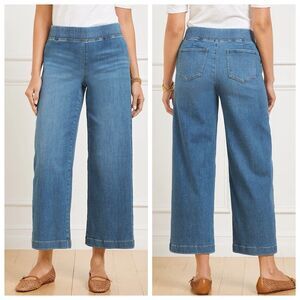 Talbots Travel Wide Leg Crop Pull-On Jeans Womens Sz L Blue Denim Stretch